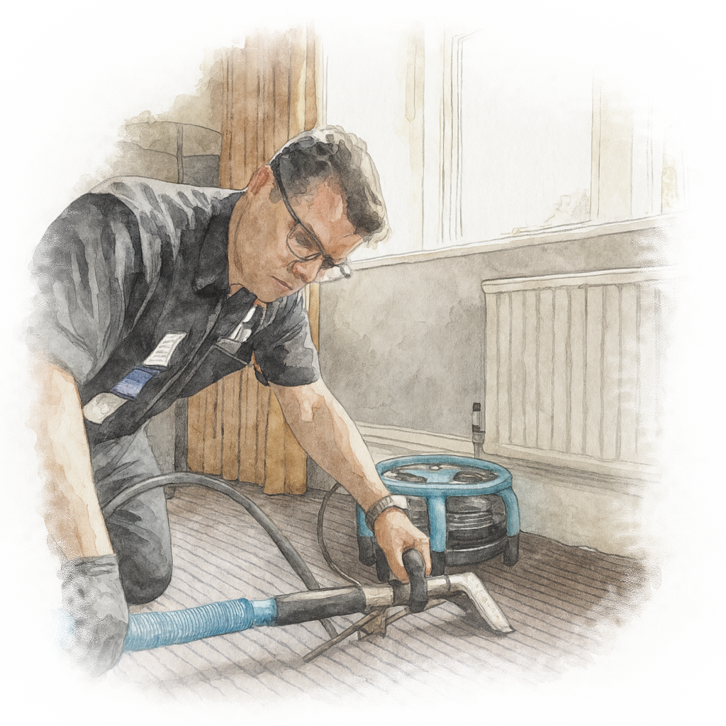 Professional carpet cleaning in Surrey by Clearex, powered by Patty Plus Services – expert technician deep cleaning striped carpet with advanced equipment.