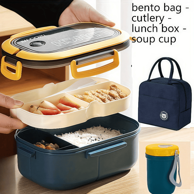 A lunch box displayed in 3 different parts including the lid. Also a blue lunch bag and blue cup adjacent