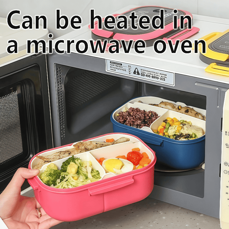 Two lunch boxes being put in a microwave oven