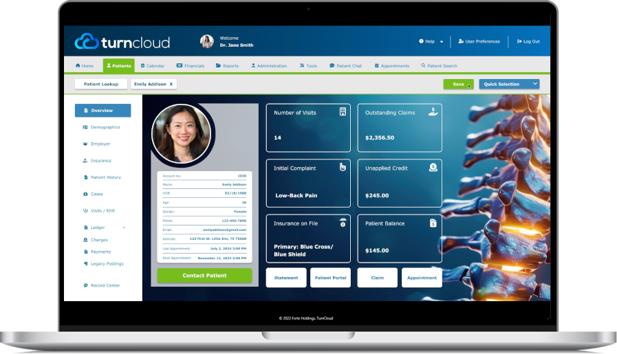 TurnCloud chiropractic software patient overview screen showing minimalist design