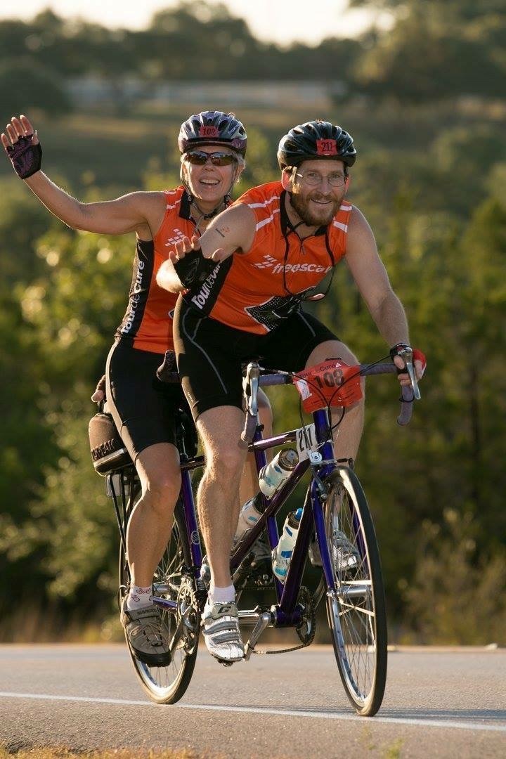 Dylan Cornelius and Lori Brown on their purple Santana tandem bike somewhere in the Texas Hill Country.