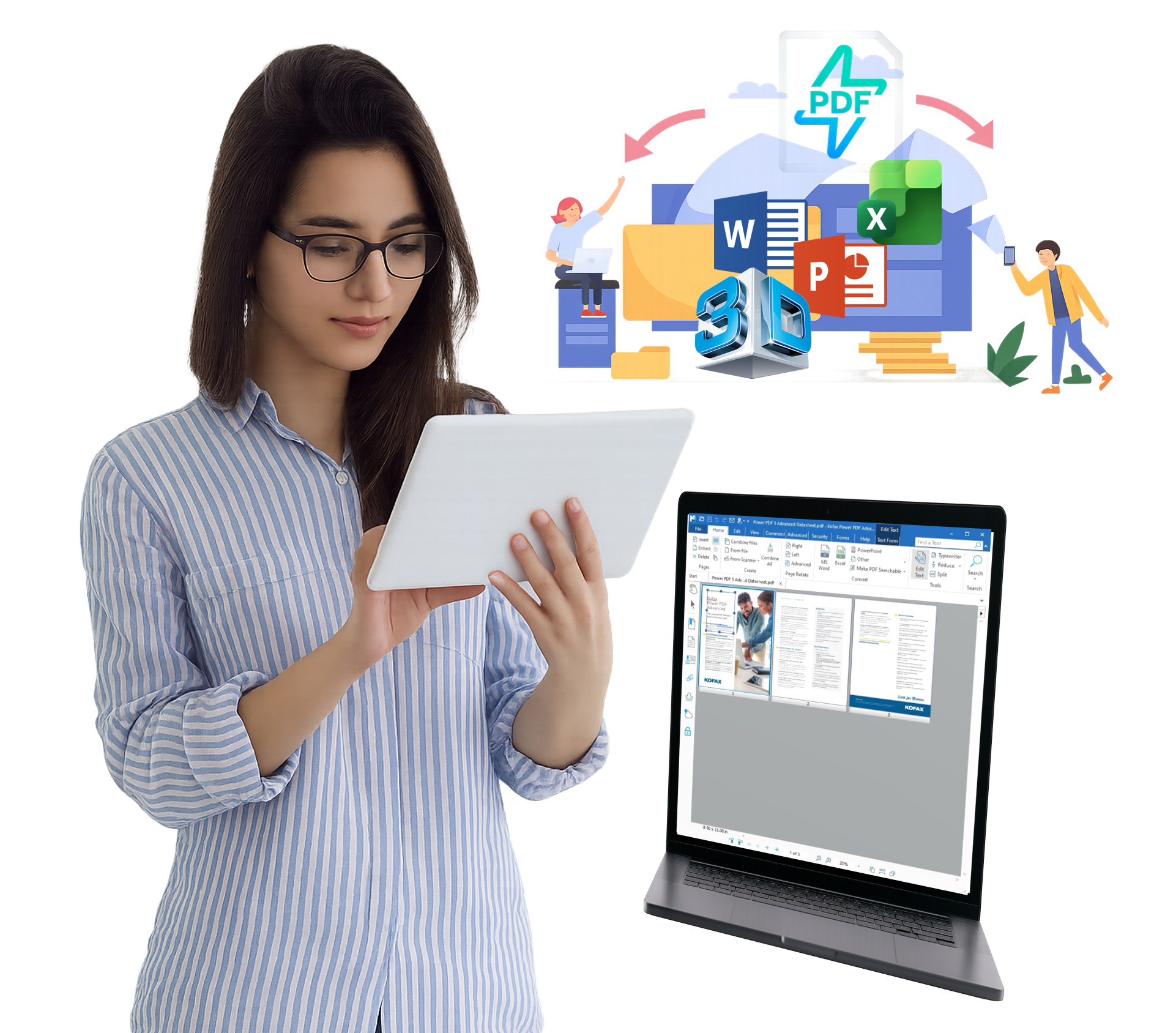 Power PDF – femme avec tablette et ordinateur portable