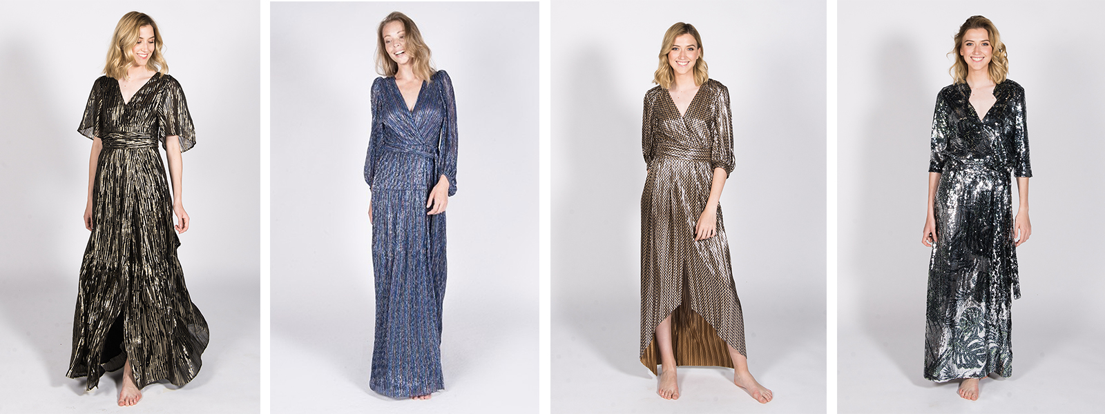 Montage photo des mannequins dans les robes Nixon, Maddie, Pacey et Jelina de chez Ba&sh. 