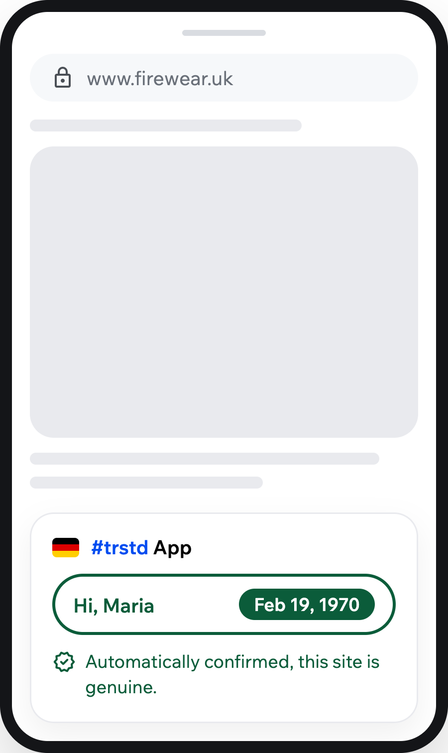 The #trstd app automatically shows your personal secret when you visit a verified website