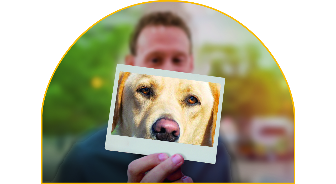 Un homme tenant une photo polaroid d'un regard de chien 