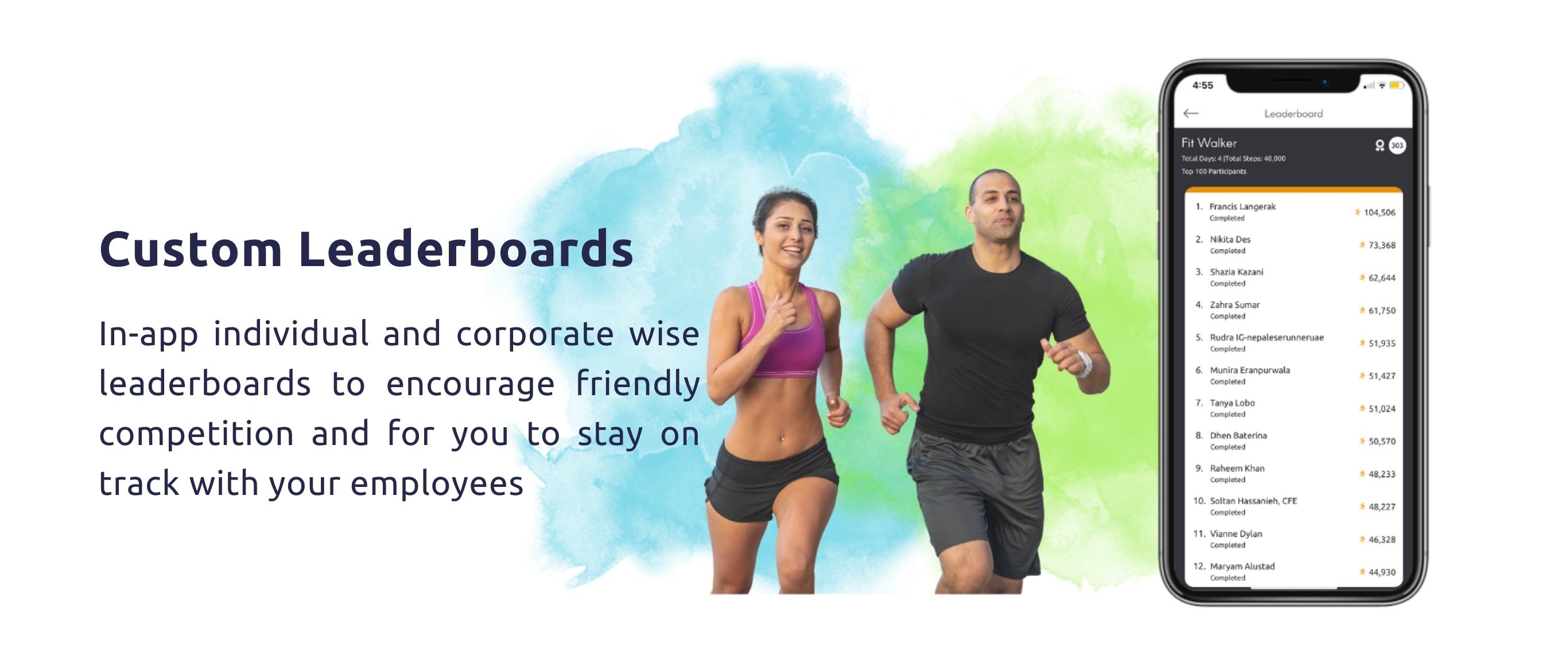 Custom Leaderboards.   In-app individual and corporate wise leaderboards to encourage friendly competition and for you to stay on track with your employees 