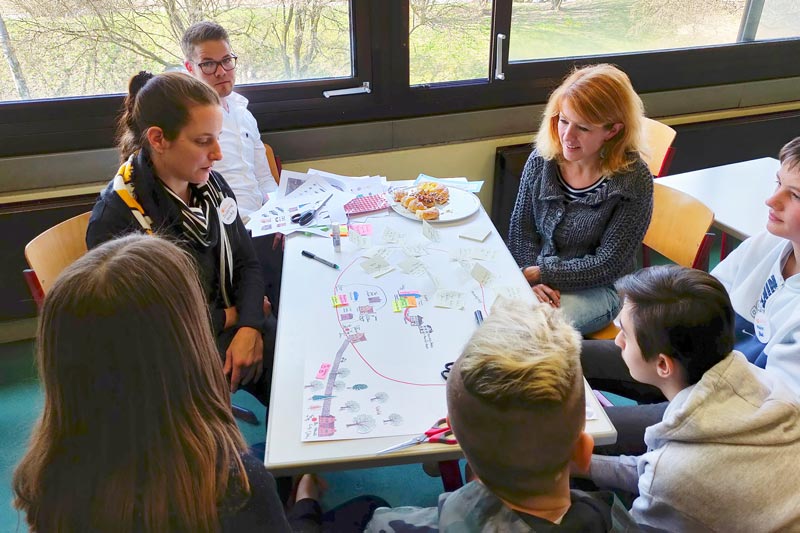 Auf dem Weg zur digitalen Lernumgebung „GameLet“: Professorin Dr. Ute Massler (rechts) bei der Projektentwicklung mit Teammitgliedern und Schülern der Realschule Weingarten.