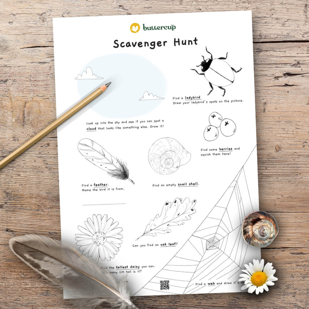 Nature Scavenger Hunt worksheet showing various nature activities for children