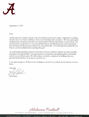 A Letter From University of Alabama Head Coach Nick Saban
